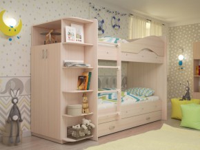 Кровать 2-х ярусная Мая с ящиками и шкафом на латофлексах млечный дуб в Кудымкаре - kudymkar.magazinmebel.ru | фото
