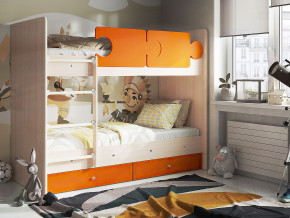 Кровать двухъярусная Тетрис латы с бортиками дуб млечный-оранжевый в Кудымкаре - kudymkar.magazinmebel.ru | фото